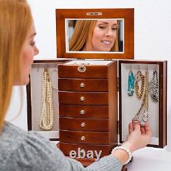 ROULING Brown Large Wooden Jewelry Box 7-Layer Rings Storage Organizer with Lock