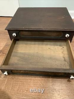 Rare Antique 1800s 2 Drawer Wood Thread Box Desk Organizer Cabinet Milk glass