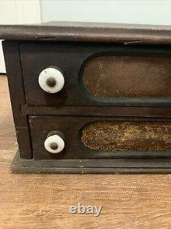 Rare Antique 1800s 2 Drawer Wood Thread Box Desk Organizer Cabinet Milk glass