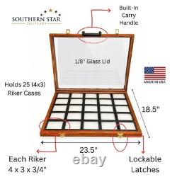Solid Oak Display Case with Handle Holds 25 3x4 Riker Cases Included