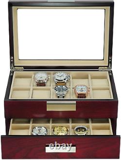 TIMELYBUYS 20 Cherry Wood Watch Box Display Case 2 Level Storage Jewelry Organiz
