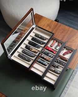 Three-Tier Knife Display Case Box with Glass Window and Walnut Finish Stores 2