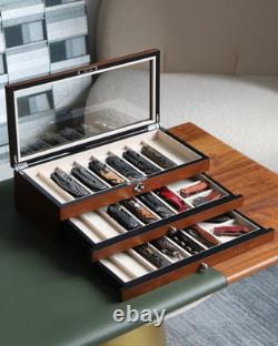 Three-Tier Knife Display Case Box with Glass Window and Walnut Finish Stores 2