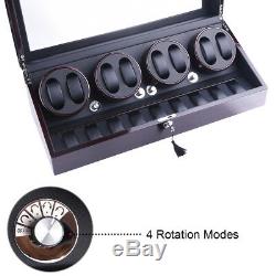 US Luxury Ebony Automatic 4 Motors Watch Winder Display Watch Box Case 8+9 Gift