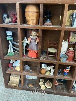 VINTAGE WOOD SHADOW BOX HANGING CURIO DISPLAY With Miniature Collection