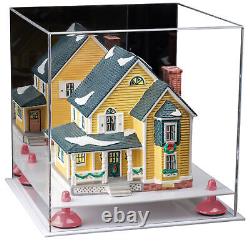 Versatile Acrylic Display Case Box with Mirror, Pink Risers & White Base (A001)