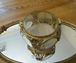 Vintage 5 panel Glass Beveled Window Ormolu Casket Jewelry Box Display Case