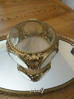 Vintage 5 panel Glass Beveled Window Ormolu Casket Jewelry Box Display Case