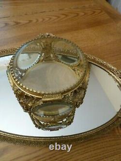 Vintage 5 panel Glass Beveled Window Ormolu Casket Jewelry Box Display Case