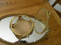 Vintage 5 panel Glass Beveled Window Ormolu Casket Jewelry Box Display Case