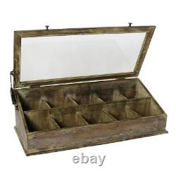 Vintage Antique Style Wood Glass Tabletop Display Case Hinge Lid Divided