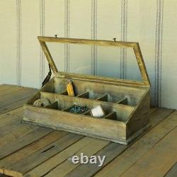 Vintage Antique Style Wood Glass Tabletop Display Case Hinge Lid Divided