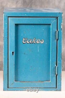 Vintage Blue Metal Cake Storage Cabinet Counter Safe Box Tin Display Case Cakes