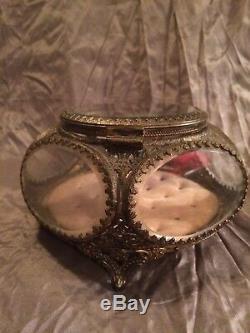 Vintage Brass Ormolu Beveled Glass Jewelry Box Display Curio Case 5 Sided