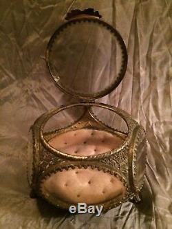 Vintage Brass Ormolu Beveled Glass Jewelry Box Display Curio Case 5 Sided