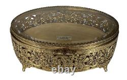 Vintage Glass Top Daisy Filigree Jewelry Box Display Case 24 KT Gold Plated Oval