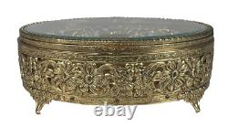 Vintage Glass Top Daisy Filigree Jewelry Box Display Case 24 KT Gold Plated Oval