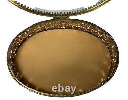 Vintage Glass Top Daisy Filigree Jewelry Box Display Case 24 KT Gold Plated Oval