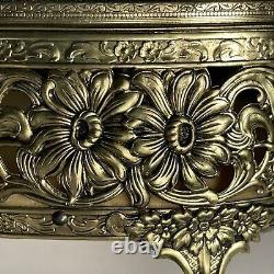 Vintage Glass Top Daisy Filigree Jewelry Box Display Case 24 KT Gold Plated Oval