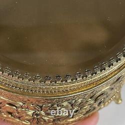 Vintage Glass Top Daisy Filigree Jewelry Box Display Case 24 KT Gold Plated Oval