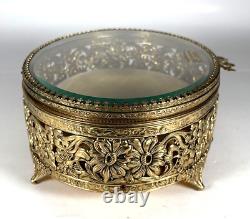 Vintage Glass Top Daisy Filigree Jewelry Box Display Case 24 KT Gold Plated Oval