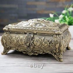 Vintage Jewelry Box 2 Layers Metal Art Craft Flower Carved Stone Decor Gift