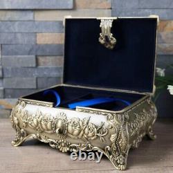Vintage Jewelry Box 2 Layers Metal Art Craft Flower Carved Stone Decor Gift