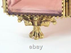 Vintage Ormolu Beveled Pink Glass Jewelry Box Table Vitrine Display Case 14x10