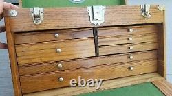 Vintage Wood Machinist Tool Box Cabinet 7 Drawer Jewelry Display Oak Felt Mirror