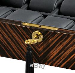 Votla Ebony Wood 10 Watch Display Case Box with Gold Accents Black Interior