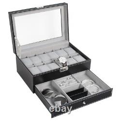 Watch Box 12 Slots PU Leather Watch Case Organizer Jewelry Display Drawer Lock