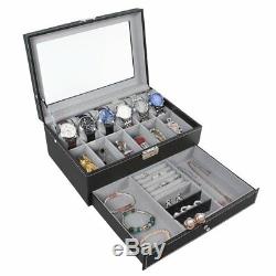 Watch Box Double-Layer 12 Slot Organizer Case Display Glass with Jewelry Drawer