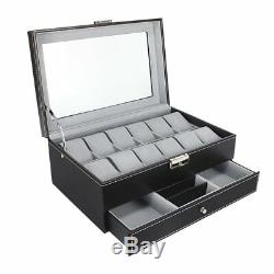 Watch Box Double-Layer 12 Slot Organizer Case Display Glass with Jewelry Drawer