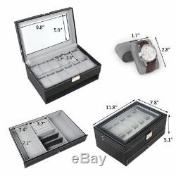 Watch Box Double-Layer 12 Slot Organizer Case Display Glass with Jewelry Drawer