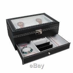 Watch Box Double-Layer 12 Slot Organizer Case Display Glass with Jewelry Drawer