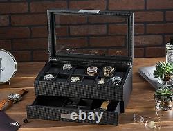 Watch Box with Valet Drawer for Men 12 Slot Luxury Watch Case Display Carbon a