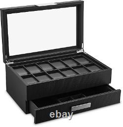 Watch Box with Valet Drawer for Men 12 Slot Luxury Watch Case Display Carbon a