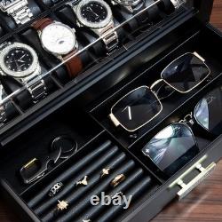 Watch Display Case Luxury 12 Slot Black Wood & Leather Organizer Storage Box