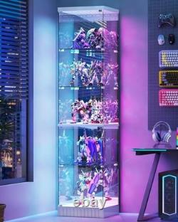 White Display Cabinet with RGB Lights, Corner Curio Cabinets with Glass Doors