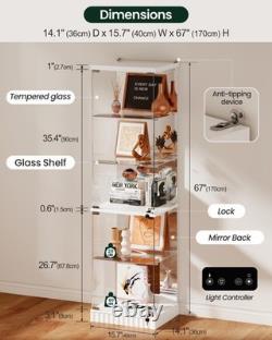 White Display Cabinet with RGB Lights, Corner Curio Cabinets with Glass Doors