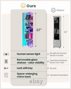 White Display Cabinet with RGB Lights, Corner Curio Cabinets with Glass Doors