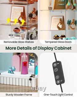 White Display Cabinet with RGB Lights, Corner Curio Cabinets with Glass Doors