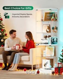 White Display Cabinet with RGB Lights, Corner Curio Cabinets with Glass Doors