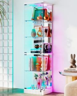 White Display Cabinet with RGB Lights, Corner Curio Cabinets with Glass Doors