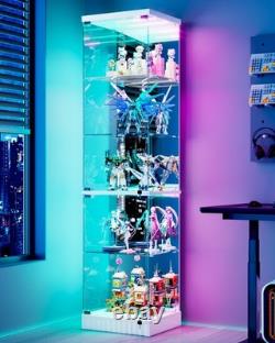 White Display Cabinet with RGB Lights, Corner Curio Cabinets with Glass Doors